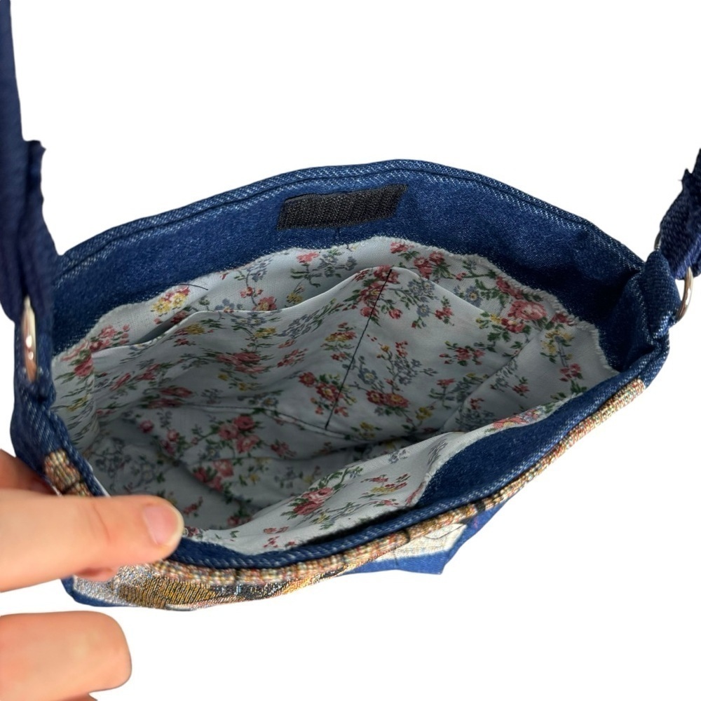 Handmade Fabric Horse Crossbody Shoulder Bag Blue Cotton Floral Interior - Picture 3 of 7